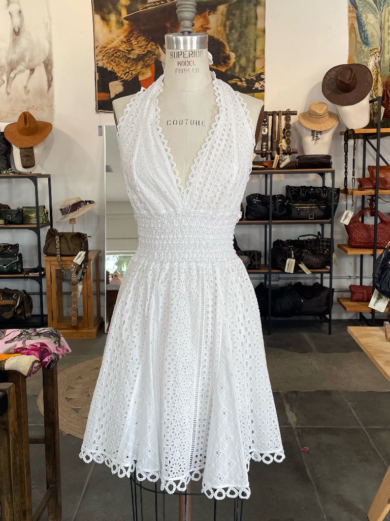 Temptation Positano Halter Eyelet Mini Dress In White